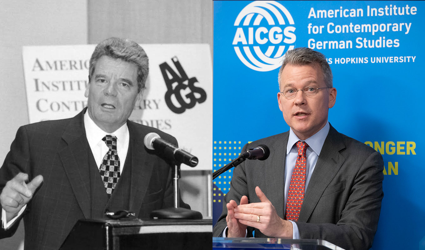 (Left)Then-Federal Commissioner for the Stasi Records Joachim Gauck speaks at AGI in 1999. (Right) Jeffrey Rathke, AGI President, gives a lecture in 2019.